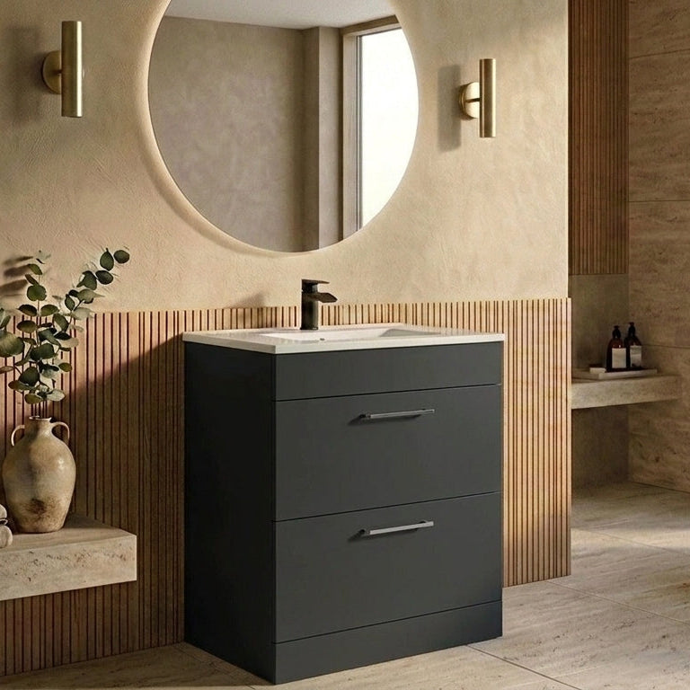 Dove 600mm 2 Drawer Floor Standing Unit with Ceramic Basin – Matt Anthracite