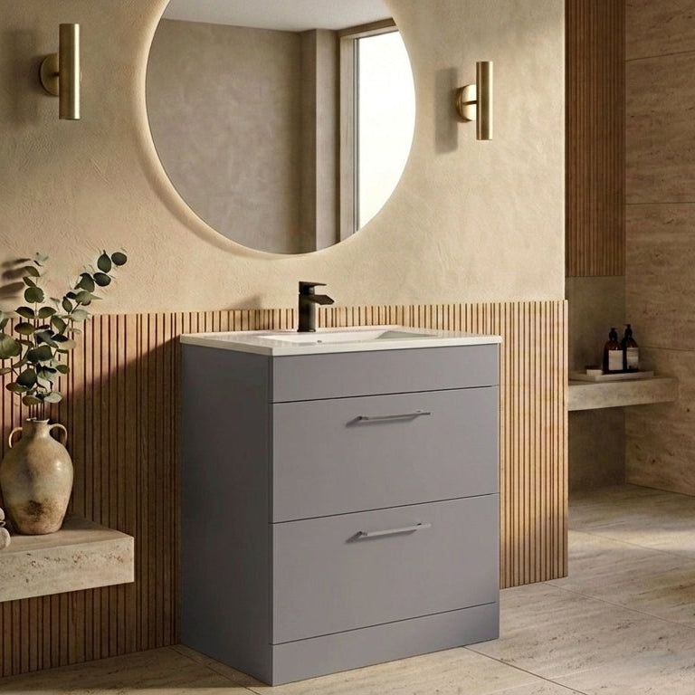 Dove 600mm 2 Door Slimline Floor Standing Unit with Ceramic Basin – Slate Grey