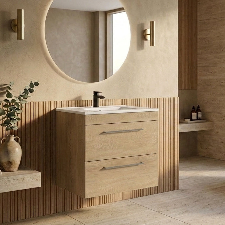 Dove 600mm 2 Drawer Wall Mounted Unit with Ceramic Basin – Torro Oak