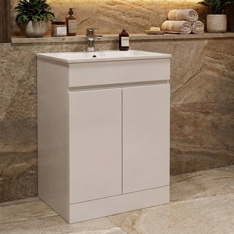 500mm Waterproof Floor Standing 2 Door Unit & Ceramic Basin – White