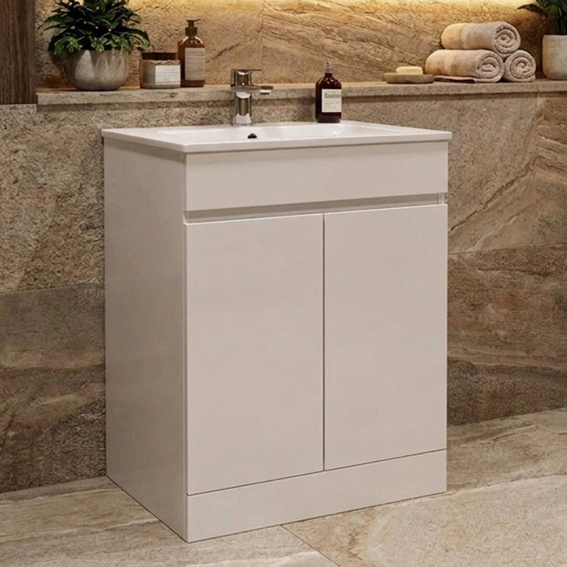 600mm Waterproof Floor Standing 2 Door Unit & Ceramic Basin – White