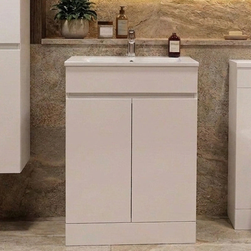 600mm Waterproof Floor Standing 2 Door Unit & Ceramic Basin – White