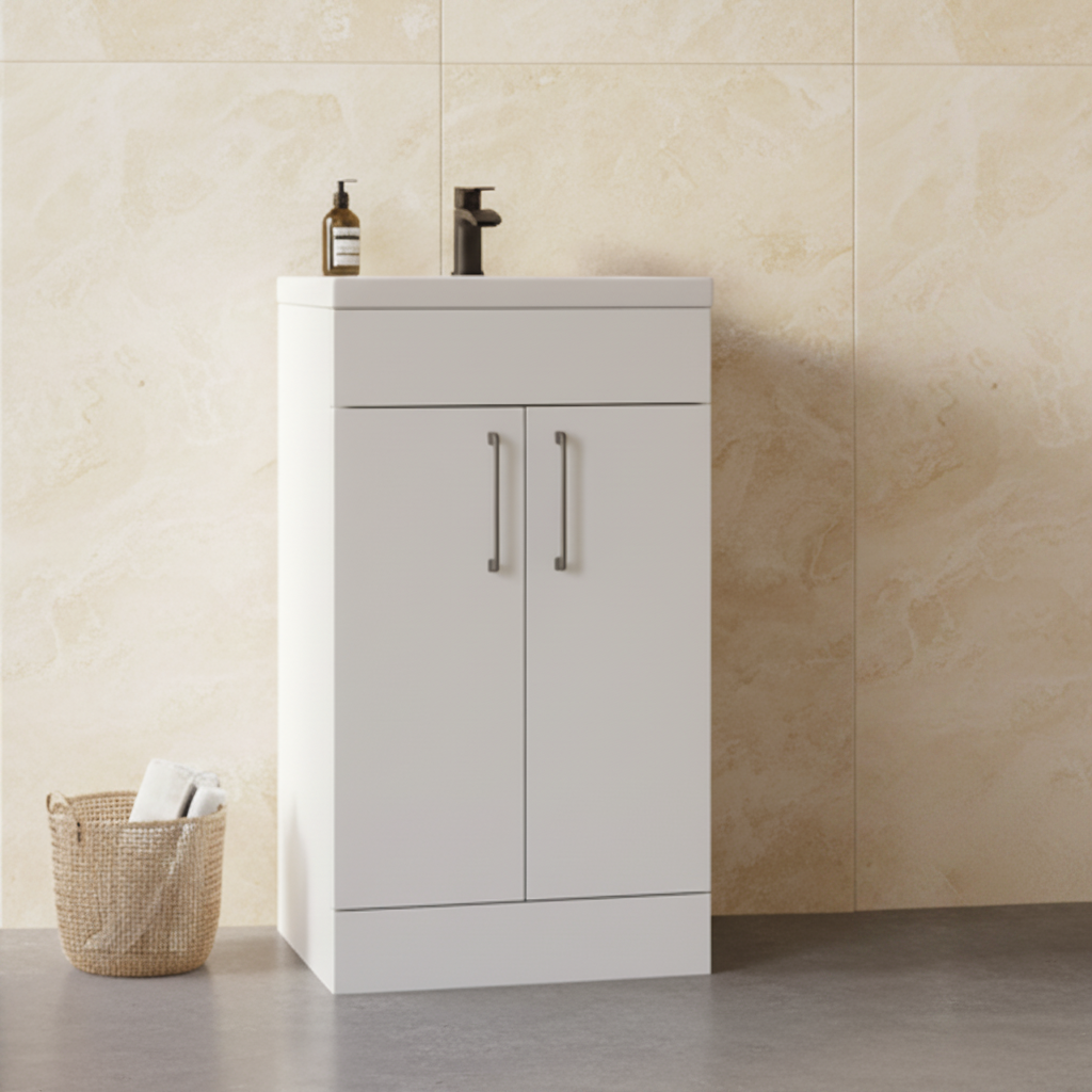Dove 500mm 2 Door Slimline Floor Standing Unit with Ceramic Basin – Matt White