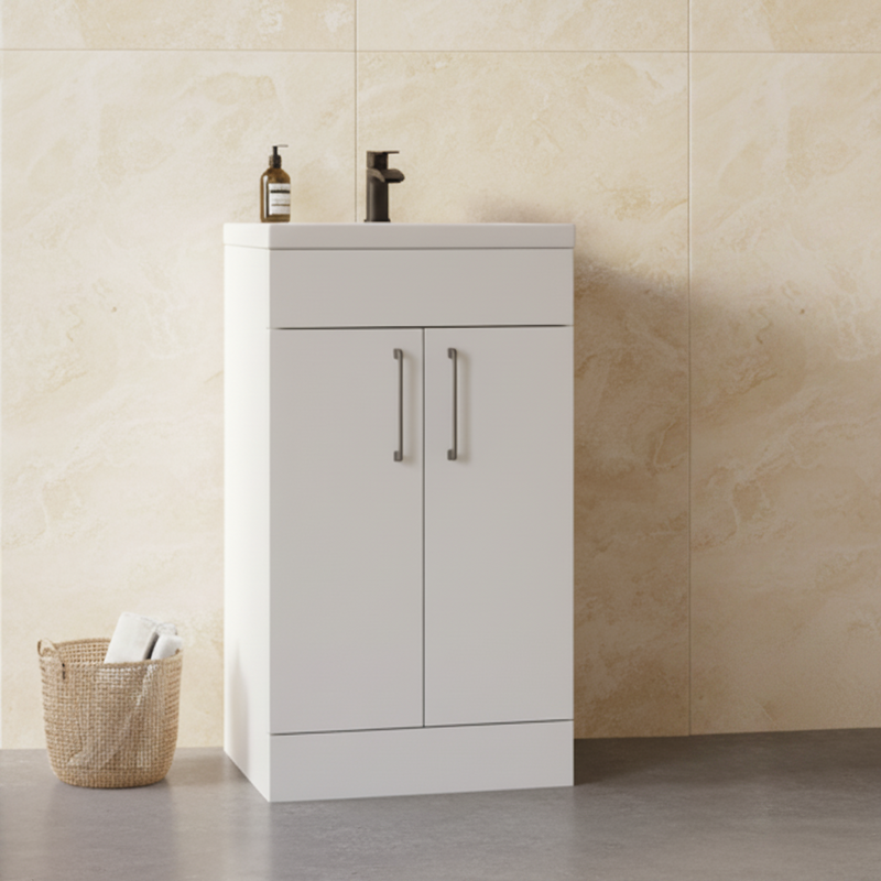 Dove 500mm 2 Door Slimline Floor Standing Unit with Ceramic Basin – Matt White