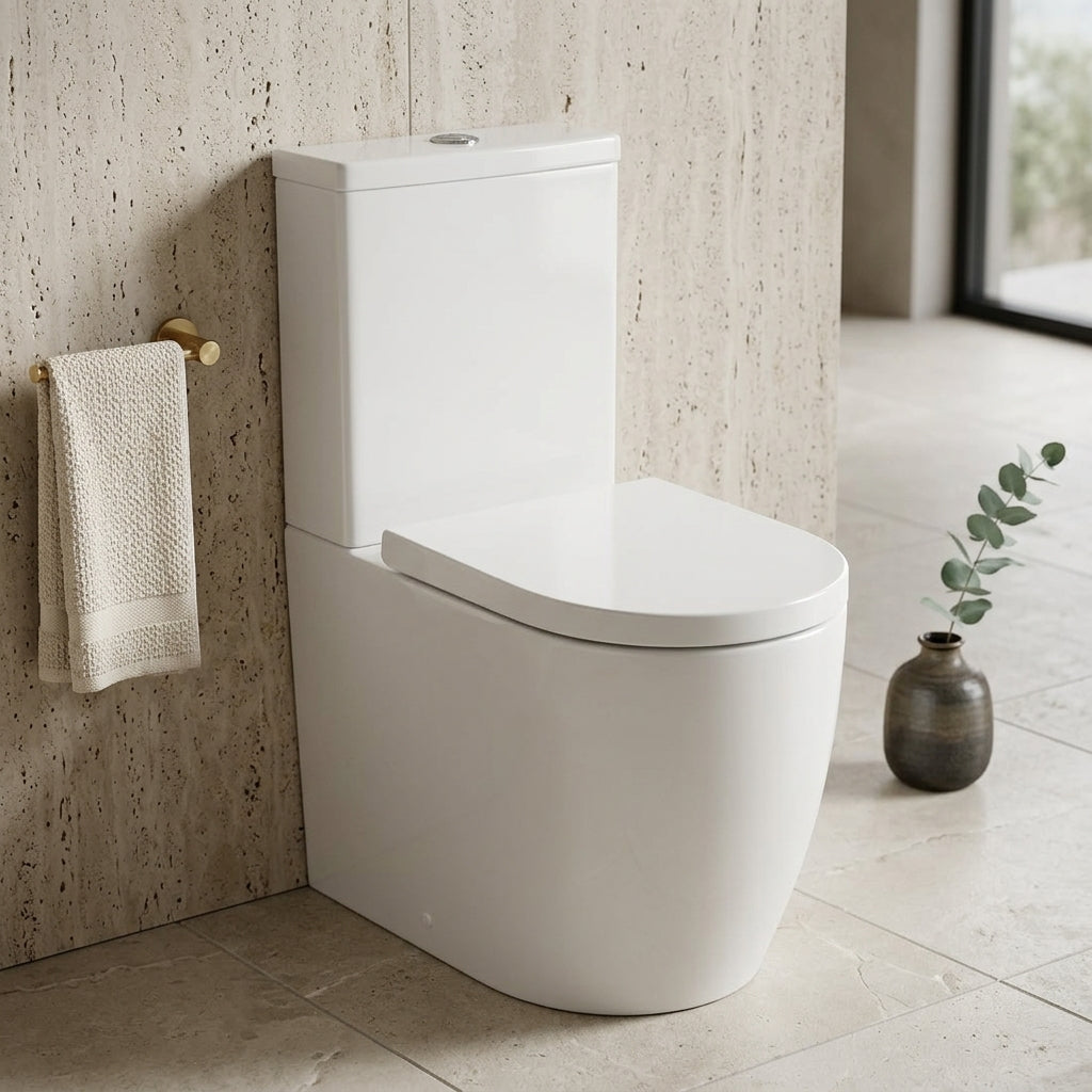 Round Comfort Height Close to Wall Rimless Close Coupled Toilet inc Seat