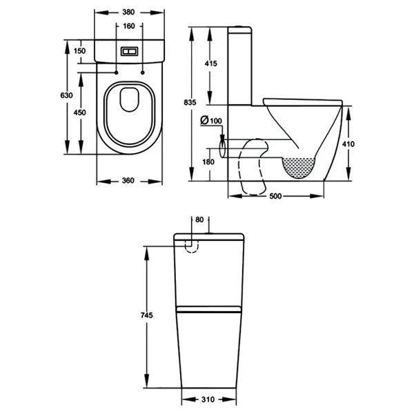 Round Comfort Height Close to Wall Rimless Close Coupled Toilet inc Seat
