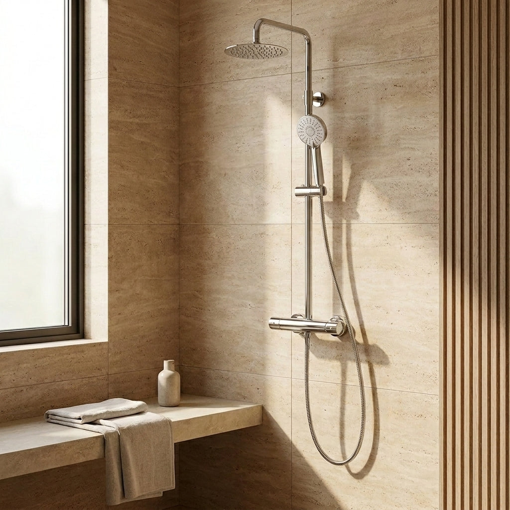 Plan Thermostatic Bar Shower with Ultra Slim Stainless Shower Drencher and Sliding Handset