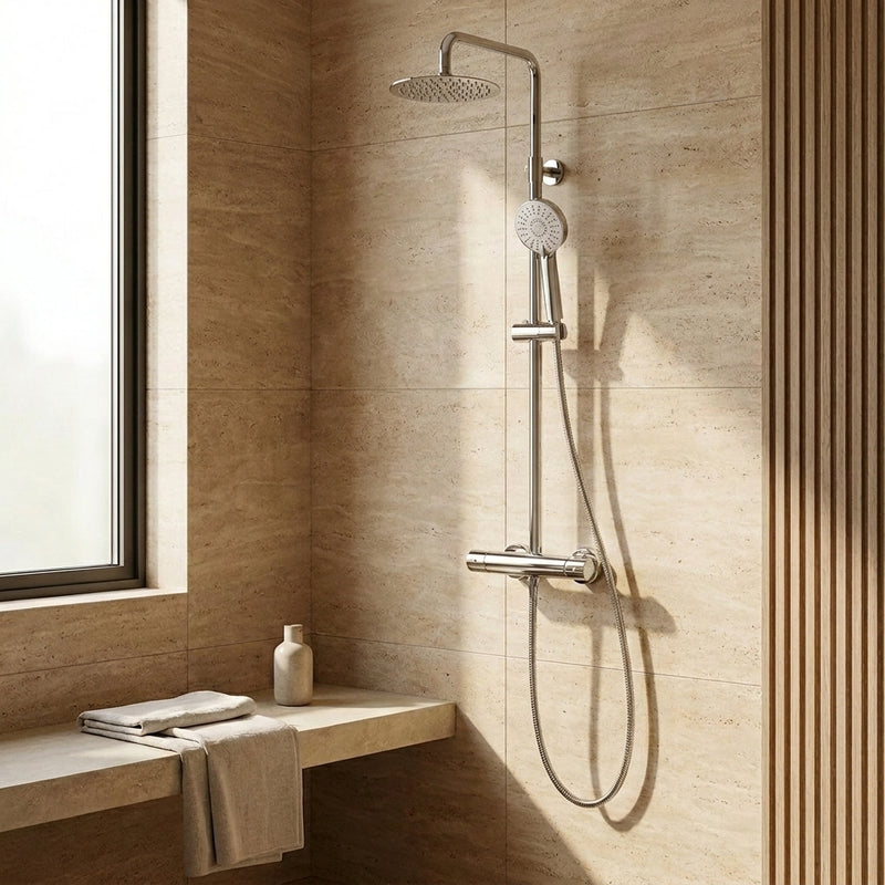 Plan Thermostatic Bar Shower with Ultra Slim Stainless Shower Drencher and Sliding Handset