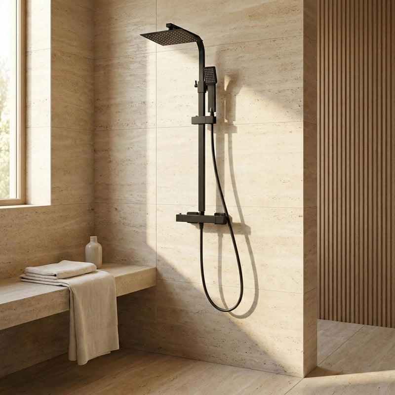 Nero Square Thermostatic Exposed Bar Shower with Overhead Drencher and Sliding Handset
