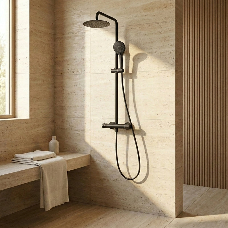 Nero Round Thermostatic Exposed Bar Shower with Overhead Drencher and Sliding Handset