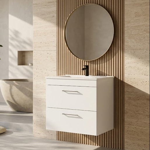 Dove 600mm 2 Drawer Wall Mounted Unit with Ceramic Basin – Matt White