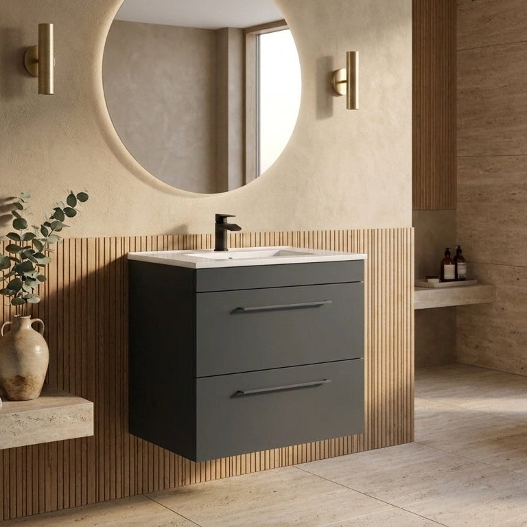 Dove 600mm 2 Drawer Wall Mounted Unit with Ceramic Basin – Matt Anthracite