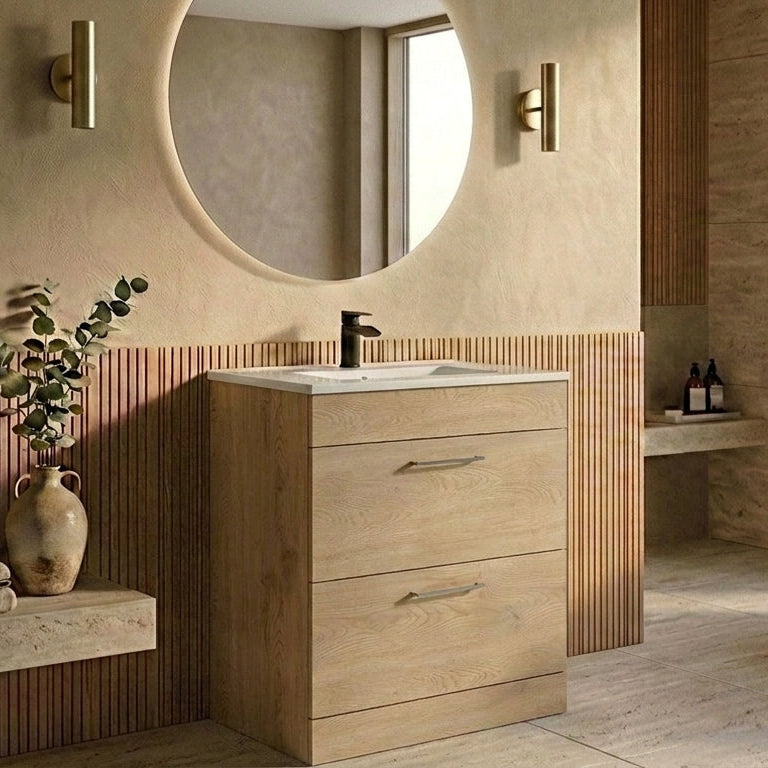 Dove 600mm 2 Drawer Floor Standing Unit with Ceramic Basin – Torro Oak