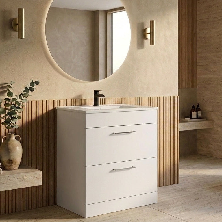 Dove 600mm 2 Drawer Floor Standing Unit with Ceramic Basin – Matt White