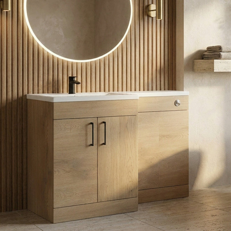 Dove 1100mm L-Shaped Door Unit Furniture Pack – Torro Oak (Cistern Included)
